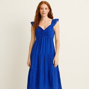 Japna Royal Blue Eyelet Midi Dress Sweetheart Neck Ruffle Sleeve Boho Size M